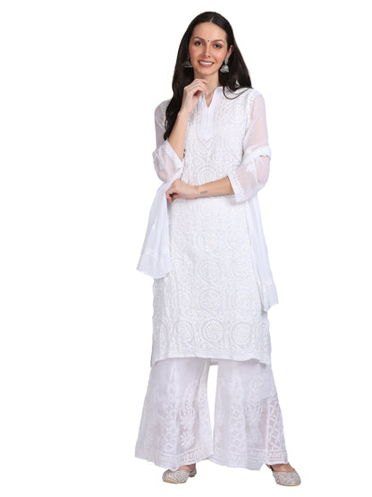 Lucknowi Chikankari Straight Kurta With Embroidered Stole & Matching Inner