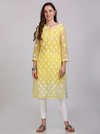 Chikankari Front All-Over Work Chiffon Straight Kurta With Matching Inner