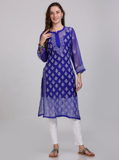 Chikankari Front All-Over Work Chiffon Straight Kurta With Matching Inner