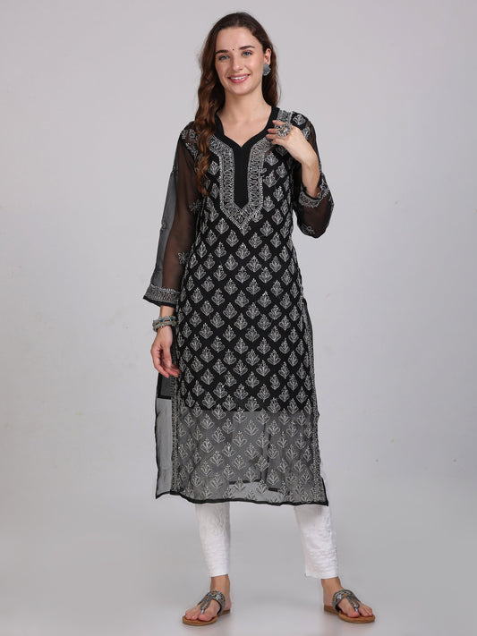 Chikankari Front All-Over Work Chiffon Straight Kurta With Matching Inner