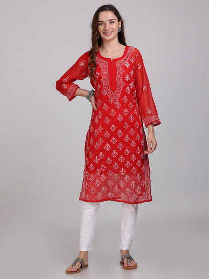 Chikankari Front All-Over Work Chiffon Straight Kurta With Matching Inner