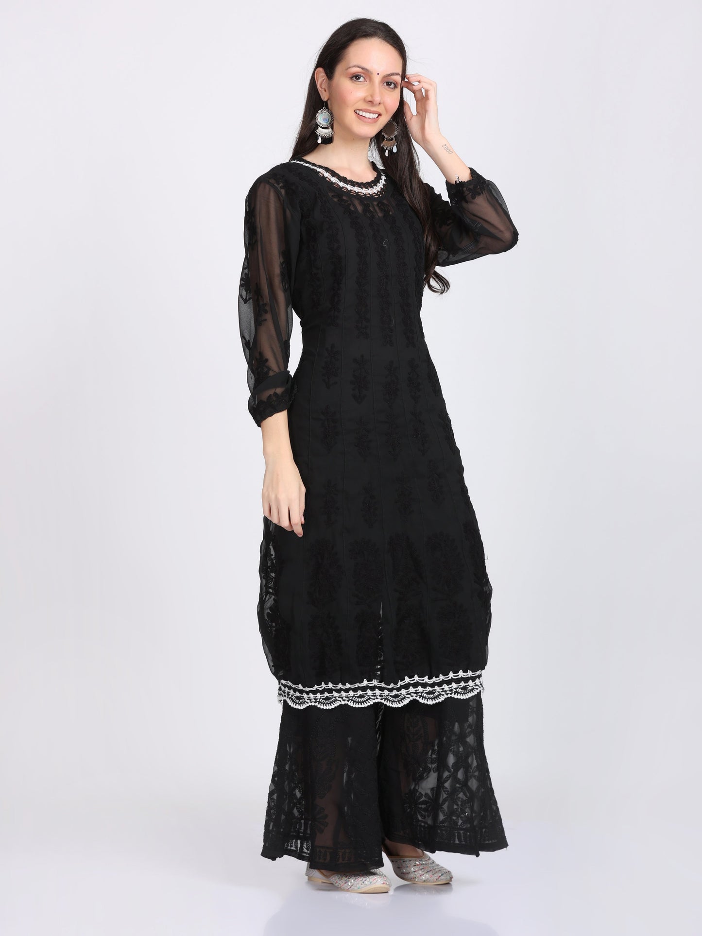 Chikankari Flared Anarkali With Crochet Work With Matching Inner