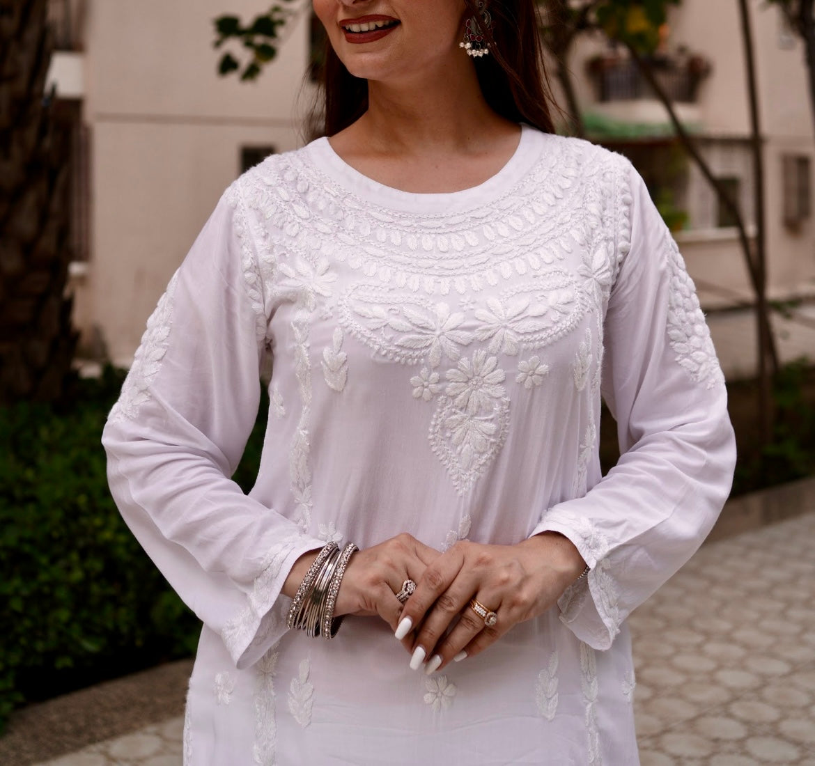 ELEGANT PARTY WEAR CHIKANKARI BUTTER SOFT BOAT NECK MODAL KURTI