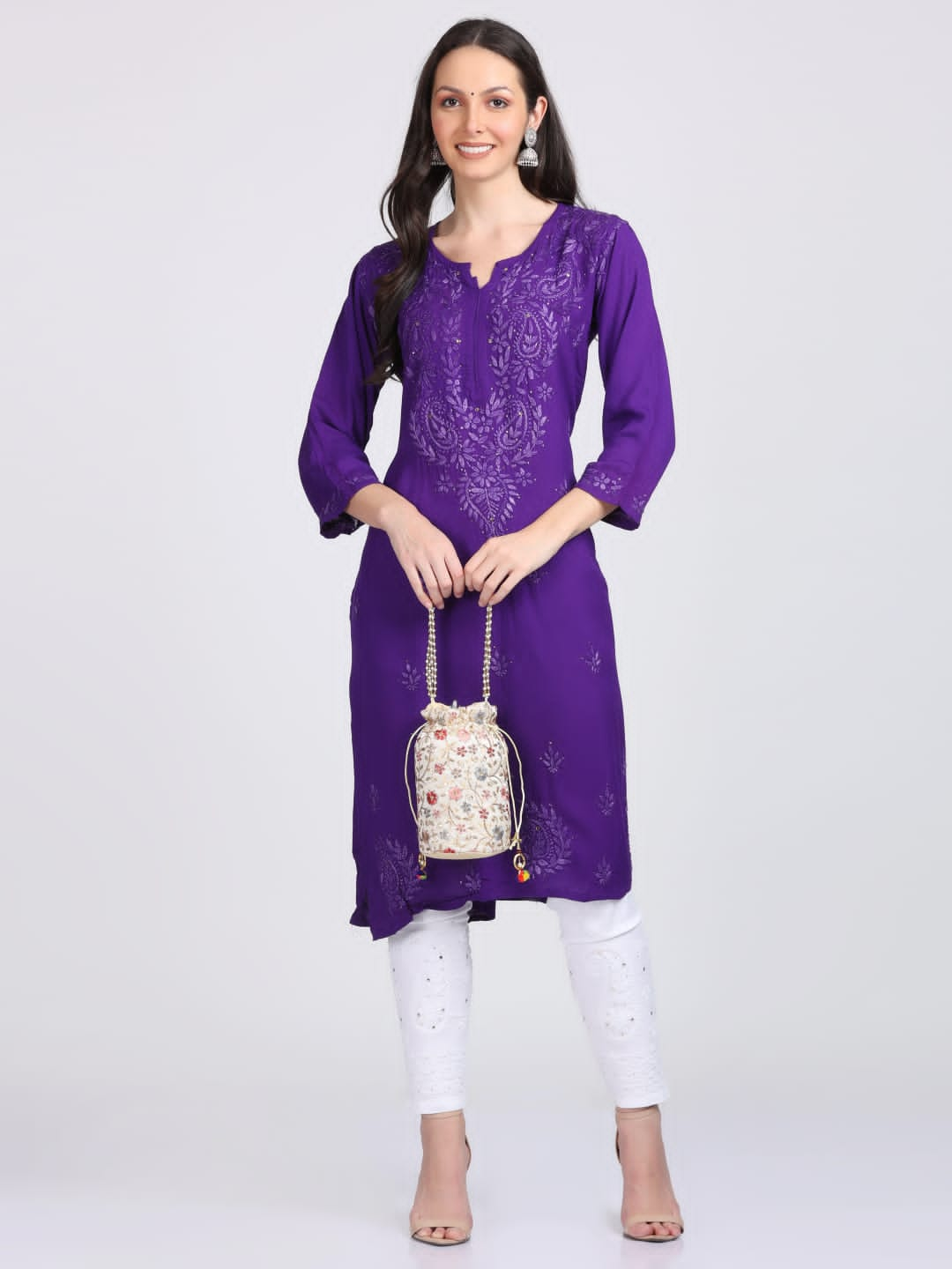 Elegant Mukaish Work Rayon Straight kurta With Mukaish Work Stretchable Trouser With Both Side Pocket