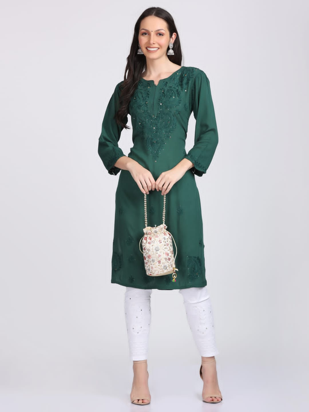 Elegant Mukaish Work Rayon Straight kurta With Mukaish Work Stretchable Trouser With Both Side Pocket