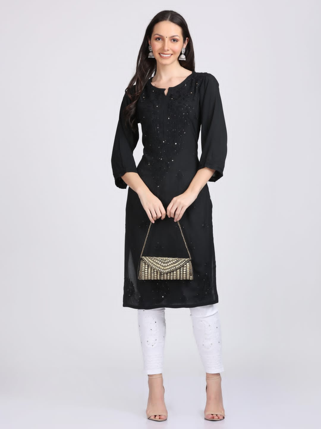 Elegant Mukaish Work Rayon Straight kurta With Mukaish Work Stretchable Trouser With Both Side Pocket