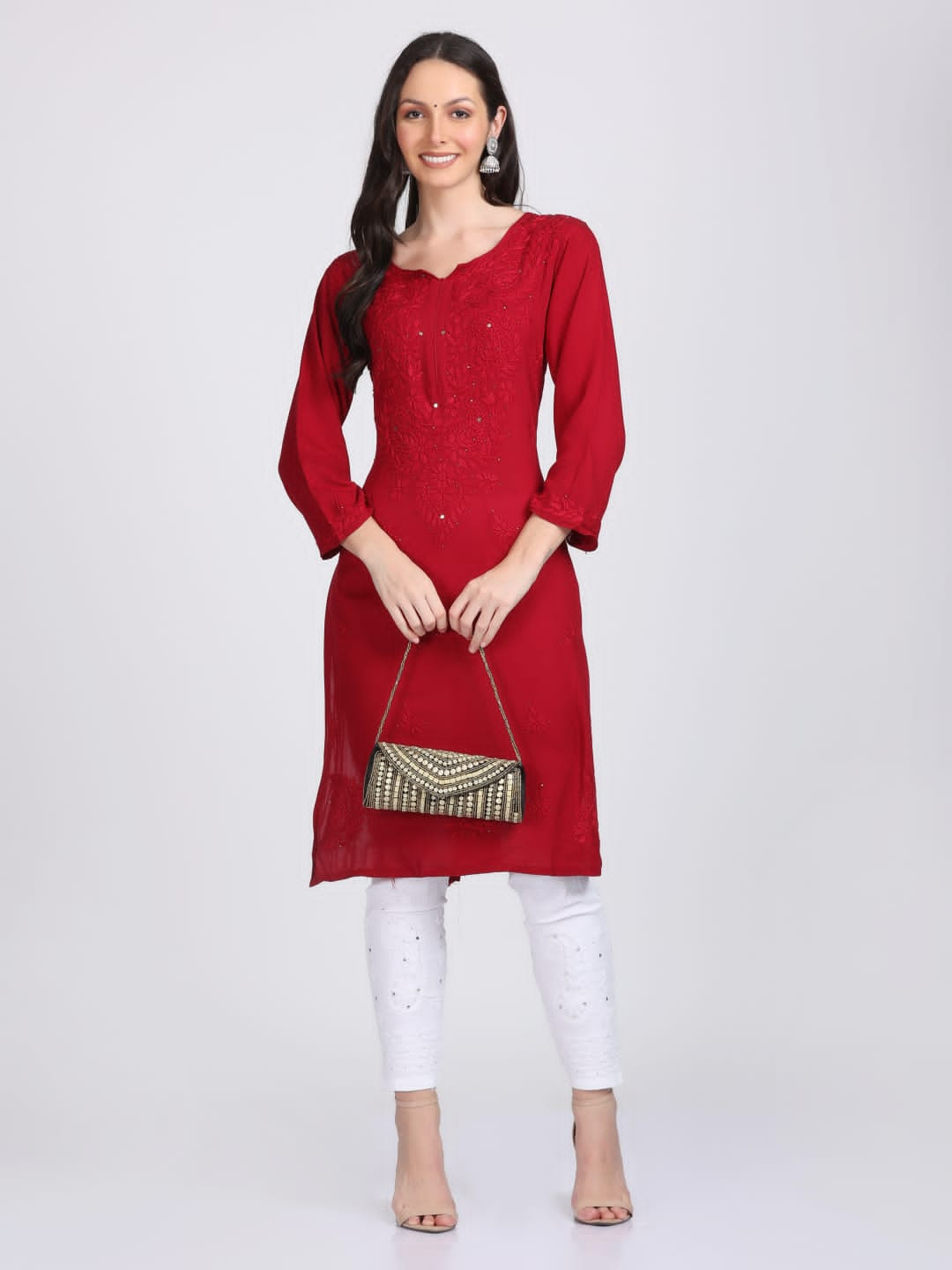 Elegant Mukaish Work Rayon Straight kurta With Mukaish Work Stretchable Trouser With Both Side Pocket